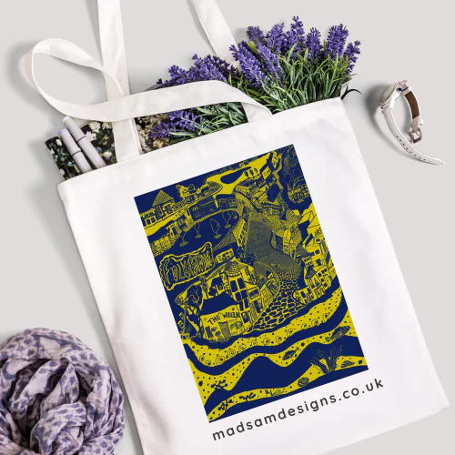 The Old High Street Folkestone in blue - yellow, tote bag, mock up 2, digital artwork download